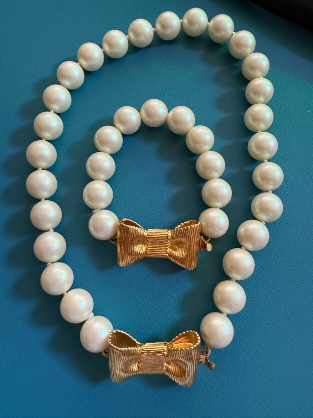 Kate Spade Pearl Bead Necklace and Bracelet Set with Gold Bow Clasp
